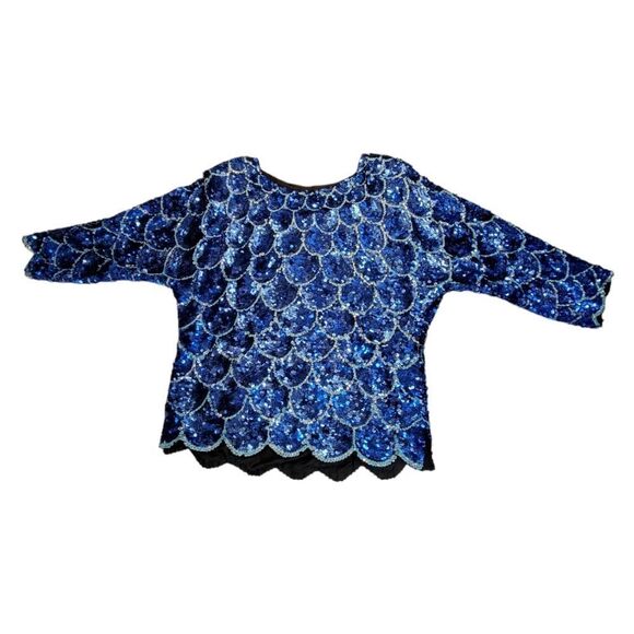 Isabelle 80s Vintage Silk Beaded Sequin Blouse Mermaid Fishscale Pattern Blue - Picture 9 of 9